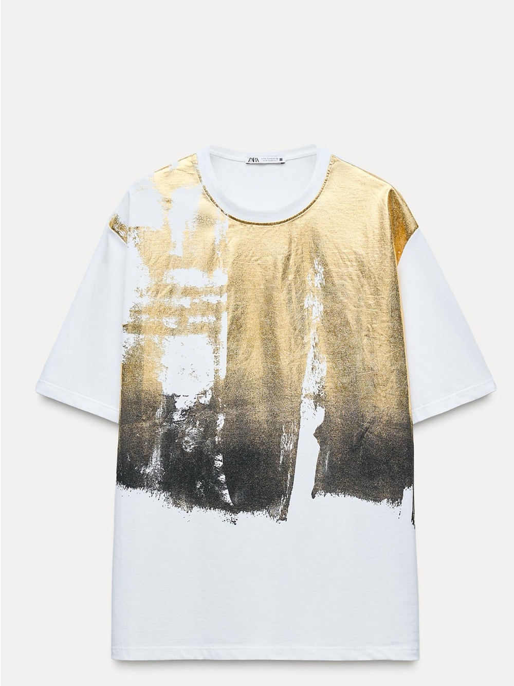 Zara White Short Sleeve Tee with Gold and Black Brush Print